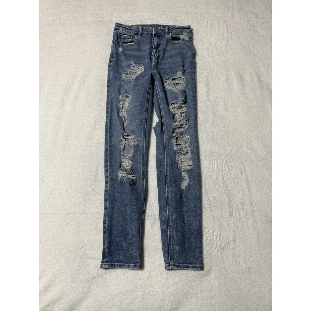 American Eagle Mom Jeans Womens 0 Medium Wash‎ Blue Distressed Stretch 25x27